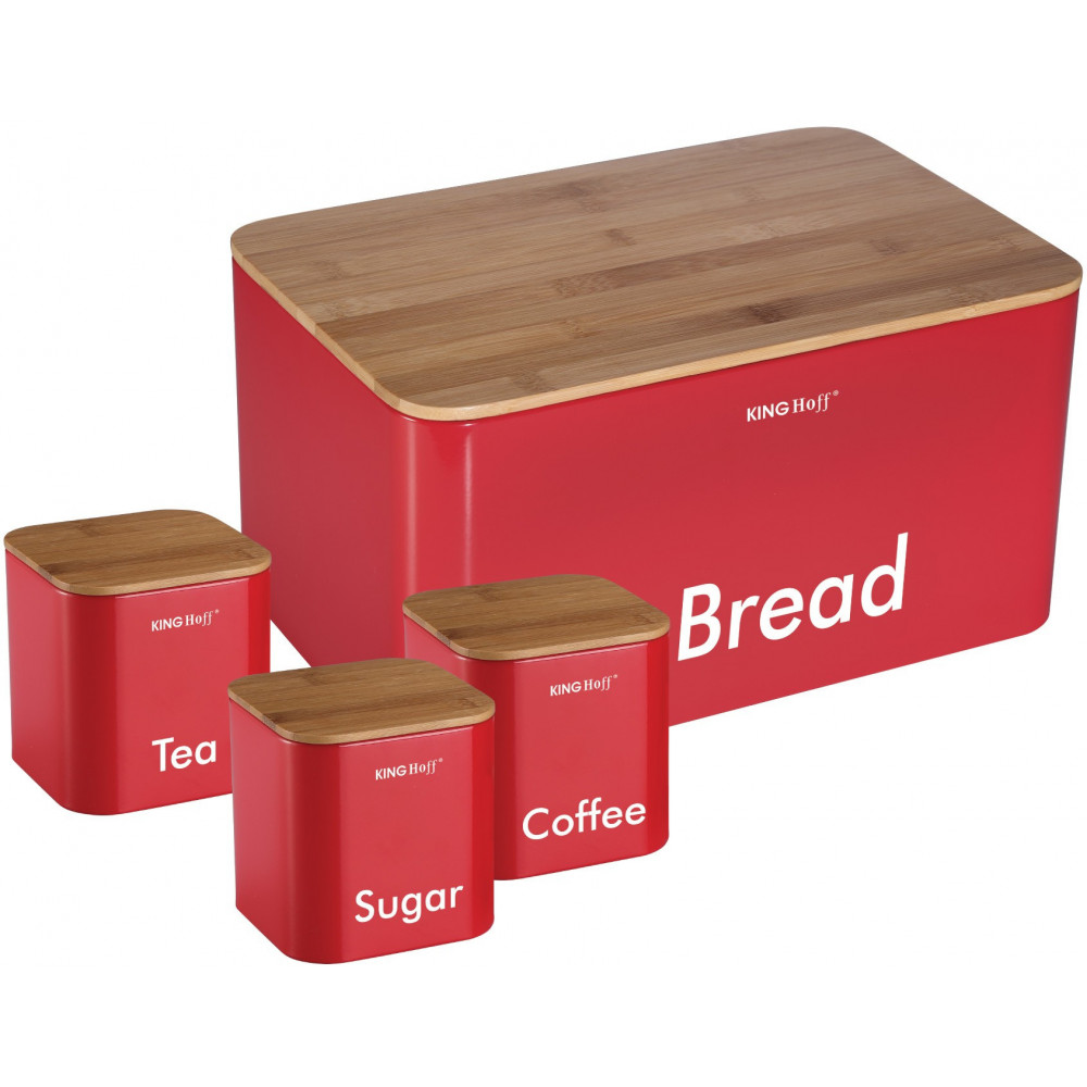 Set of bread box and containers, steel - bamboo, red Kinghoff