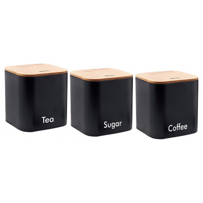 Set of 3 containers, steel-bamboo, black, 11.5x11.5x12.3 cm Kinghoff