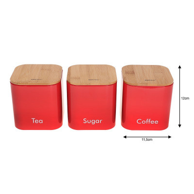 Set of bread box and containers, steel - bamboo, red Kinghoff