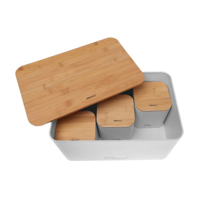 Set of bread box and containers, steel - bamboo, white Kinghoff