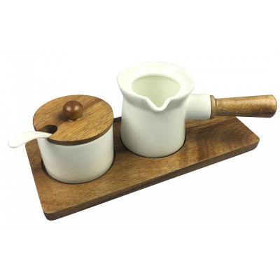 Sugar bowl and milk jug, set of 2, porcelain and accacia wood Kassel