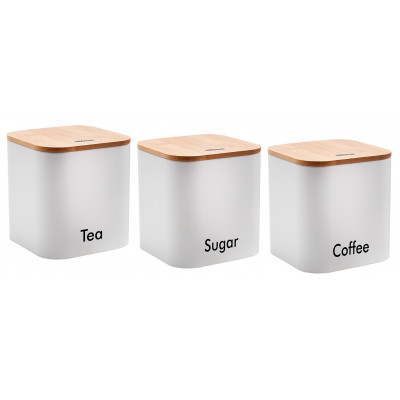 Set of 3 containers, steel-bamboo, white, 11.5x11.5x12.3cm Kinghoff