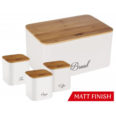 Set of bread box and containers, steel - bamboo, white Kinghoff