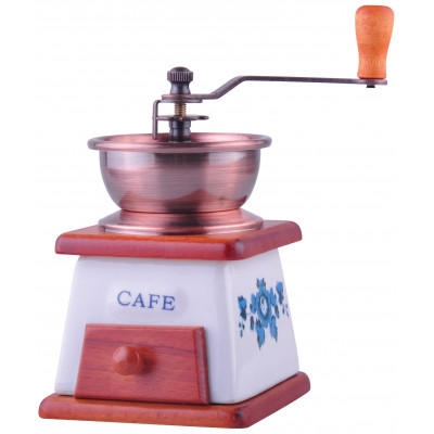 Coffee grinder, ceramic, wood, steel, with flower design, 10,5 x 9,5 x 18cm Kinghoff